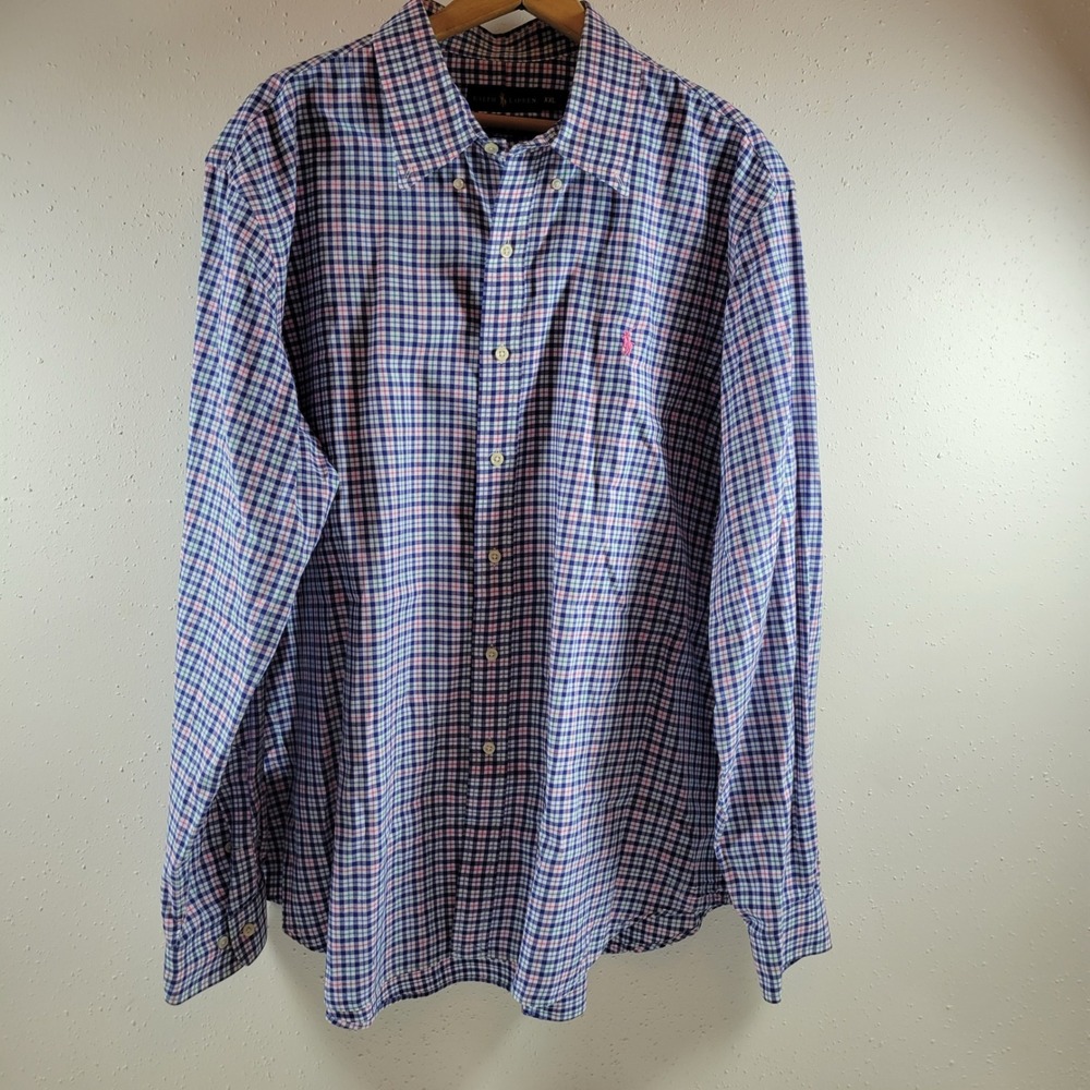 Ralph Lauren Button Down Shirt Mens XXL Blue Plaid Excellent Long Sleeve Cotton - Picture 1 of 7